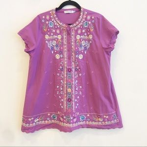 Misslook Purple Embroidered Boho Shirt Scallop Hem Sleeve Floral Size 2XL
